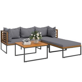 Conjunto de Jardín Exterior de 4 Piezas Muebles Jardín Exterior en Forma de L con 2 Sofás de 2 Plazas Sofá de Esquina y Mesa de Centro de Madera de Acacia con Cojines Acolchados Gris y Teca