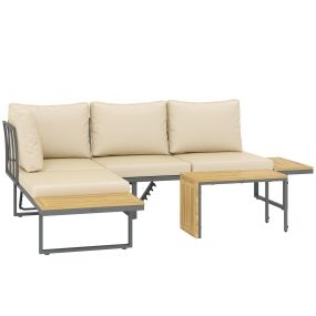 Conjunto de Muebles Jardín Exterior Sofás de Exterior en Forma de L Tumbona con 2 Sofás de 3 Plazas Asiento Ajustable y Mesa de Madera de Acacia Versátil con Cojines Beige y Gris