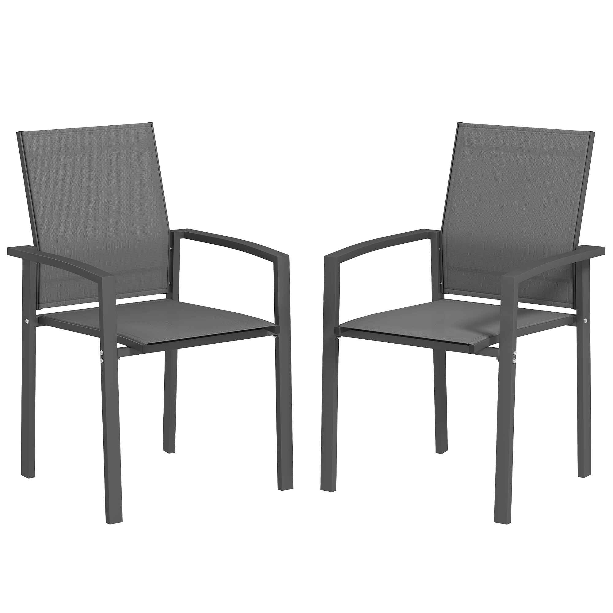 Juego de 2 Sillas de Jardín Exterior Sillas Terraza Exterior Apilables Sillones de Comedor con Tela Transpirable Marco de Acero Reposabrazos y Respaldo 56x58x89 cm Gris Oscuro