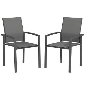 Juego de 2 Sillas de Jardín Exterior Sillas Terraza Exterior Apilables Sillones de Comedor con Tela Transpirable Marco de Acero Reposabrazos y Respaldo 56x58x89 cm Gris Oscuro