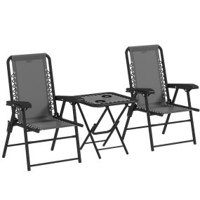 Conjunto de Mesa y Sillas de Terraza Exterior de 3 Piezas Muebles de Jardín Exterior Plegables con Estructura de Acero y Portavasos para Patio Gris Oscuro