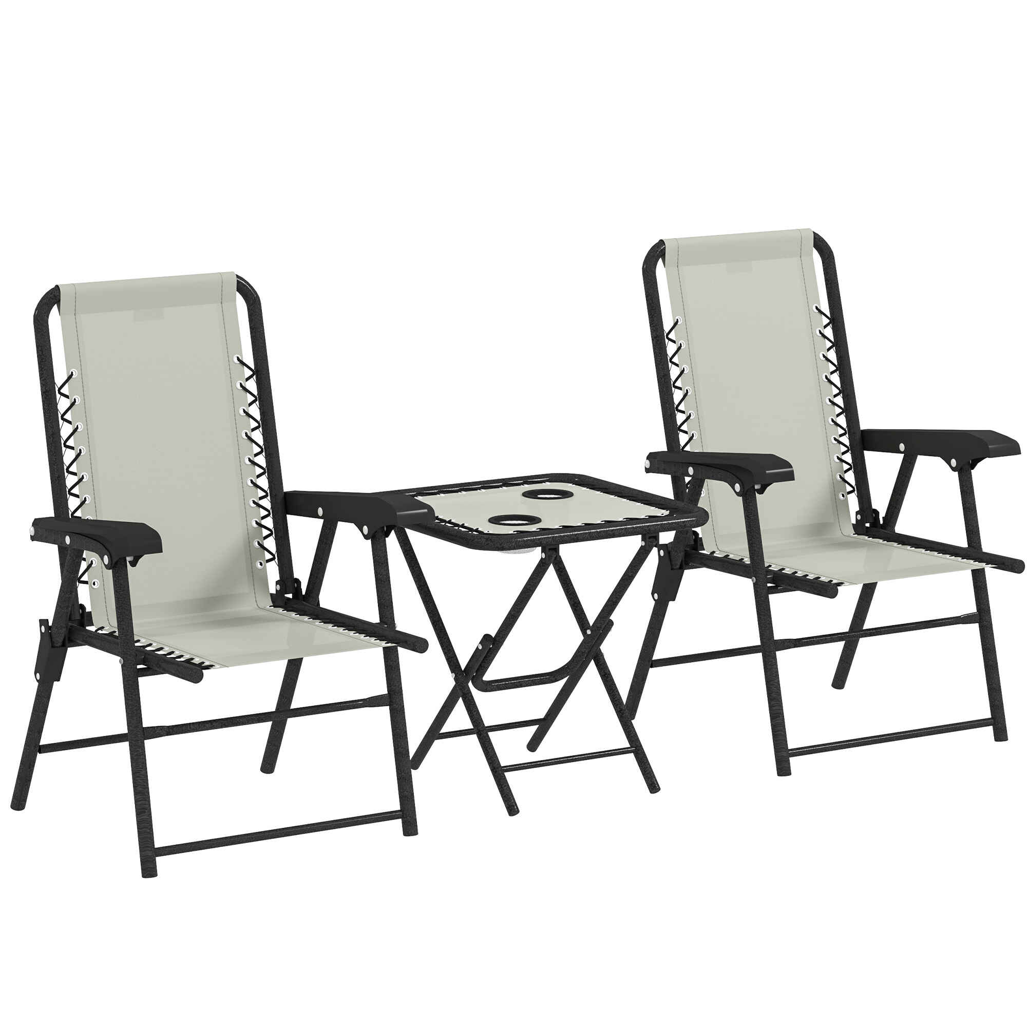 Conjunto de Mesa y Sillas de Terraza Exterior de 3 Piezas Muebles de Jardín Exterior Plegables con Estructura de Acero y Portavasos para Patio Crema