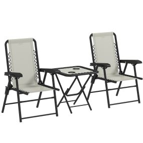 Conjunto de Mesa y Sillas de Terraza Exterior de 3 Piezas Muebles de Jardín Exterior Plegables con Estructura de Acero y Portavasos para Patio Crema
