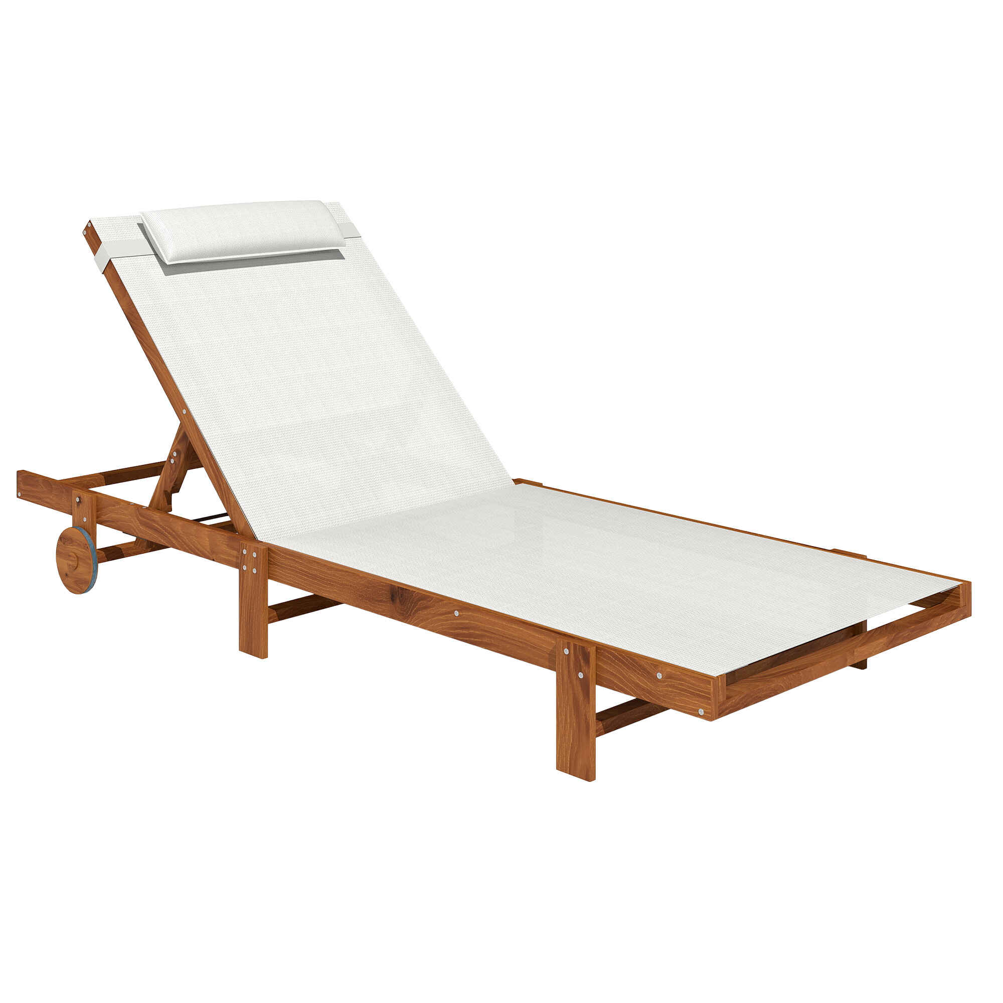 Tumbona Reclinable de Madera con Ruedas Tumbona Jardín Exterior con Respaldo Ajustable en 4 Niveles y Reposacabezas Carga 120 kg para Patio Terraza Balcón 200x84x101 cm Blanca y Teca