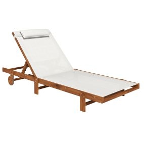 Tumbona Reclinable de Madera con Ruedas Tumbona Jardín Exterior con Respaldo Ajustable en 4 Niveles y Reposacabezas Carga 120 kg para Patio Terraza Balcón 200x84x101 cm Blanca y Teca