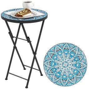 Mesa Auxiliar Redonda Mesa de Jardín Exterior Plegable con Encimera de Mosaico y Almohadillas Antideslizantes Mesa para Exterior Terraza Patio Ø35,5x55 cm Azul