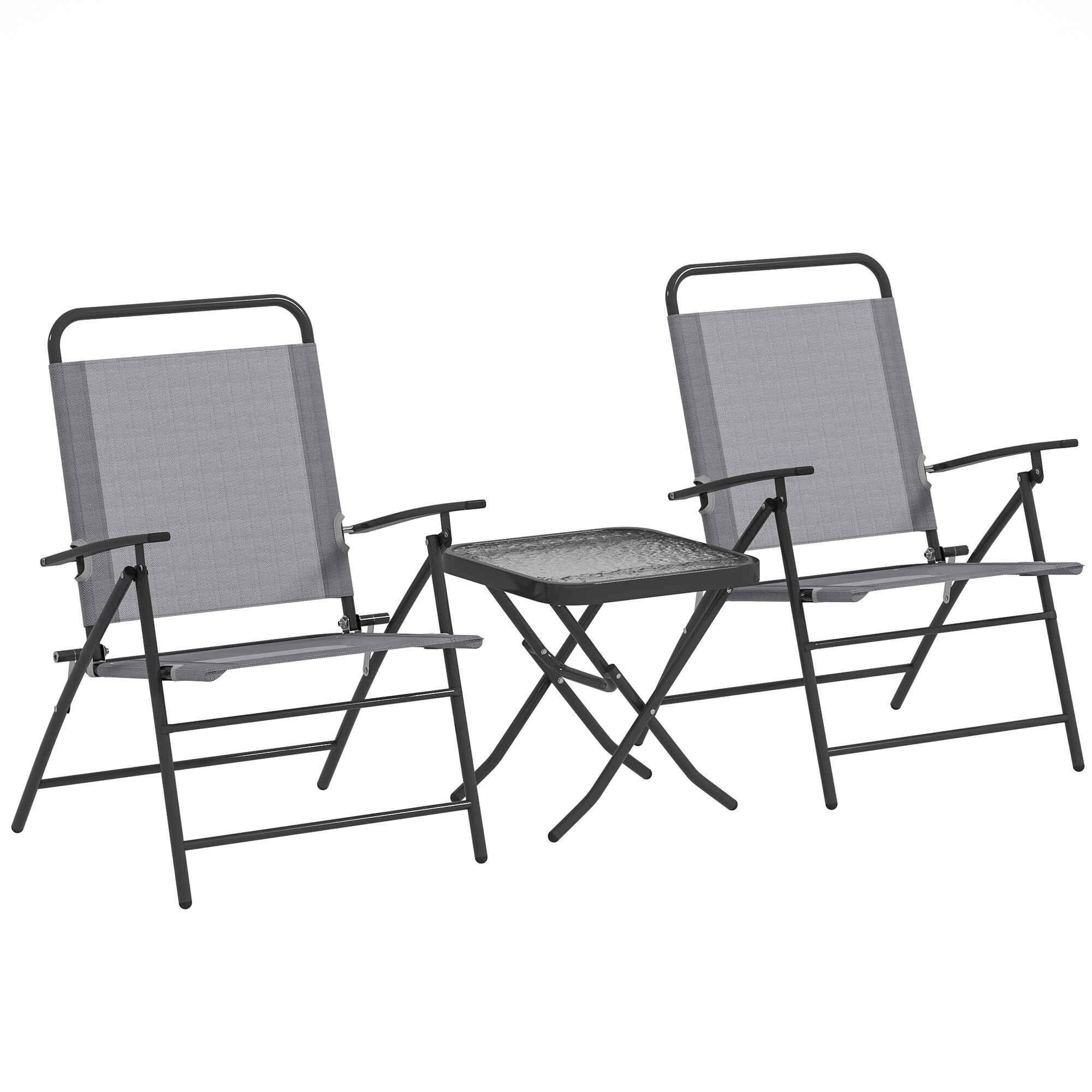 Conjunto de Mesa y Sillas de Terraza Exterior de 3 Piezas Muebles de Jardín Exterior Plegables con Respaldo Regulable Tablero de Vidrio y Estructura de Acero Gris