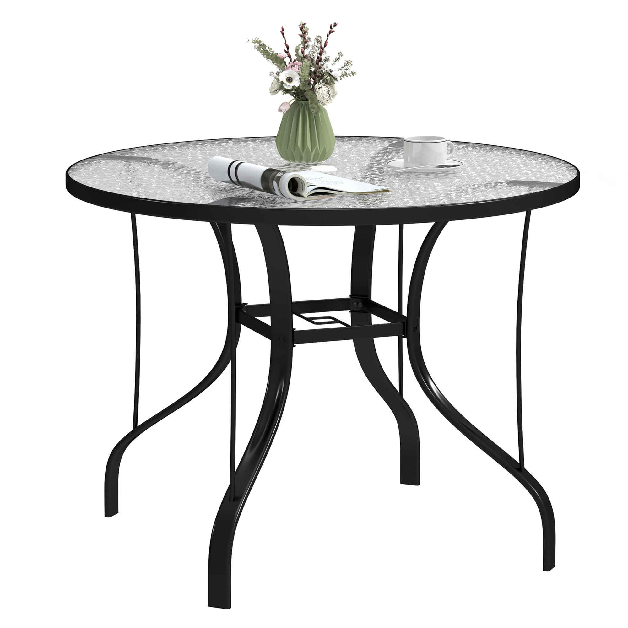 Mesa de Jardín Exterior con Orificio para Sombrilla Mesa de Comedor Exterior con Encimera de Vidrio y Estructura Metálica para Patio Terraza Ø96,5x71 cm Negro