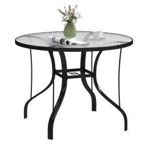 Mesa de Jardín Exterior con Orificio para Sombrilla Mesa de Comedor Exterior con Encimera de Vidrio y Estructura Metálica para Patio Terraza Ø96,5x71 cm Negro