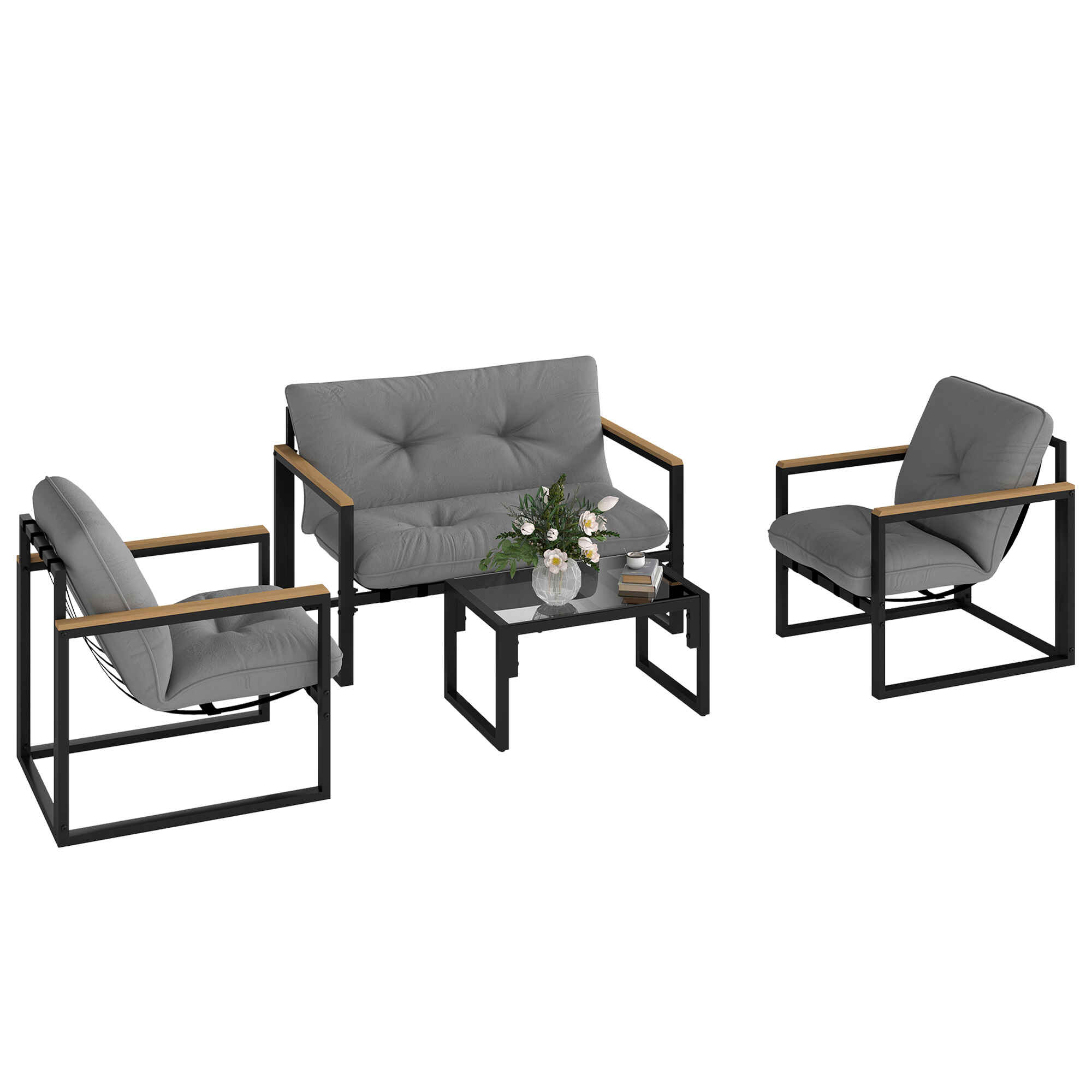 Conjunto de Jardín Exterior de 4 Piezas Muebles Jardín Exterior con 2 Sillones y 1 Sofá de 2 Plazas con Cojines y Mesa de Centro con Tablero de Vidrio Templado Gris y Negro