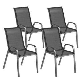 Juego de 4 Sillas de Jardín Exterior Sillas Terraza Exterior Apilables Sillas de Jardín con Tela Transpirable Marco de Acero Reposabrazos y Respaldo 54x71x93 cm Negro