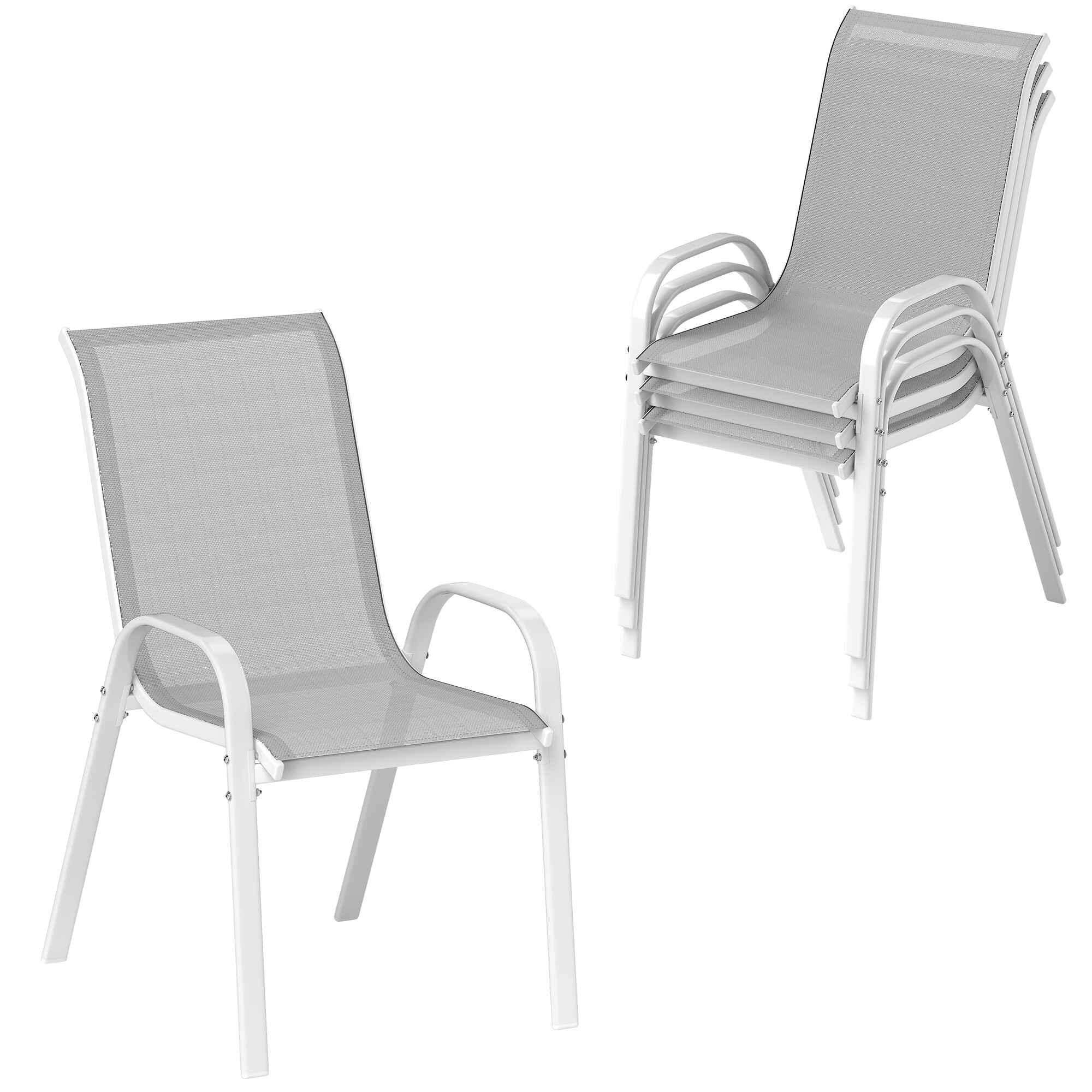 Juego de 4 Sillas de Jardín Exterior Sillas Terraza Exterior Apilables Sillas de Jardín con Tela Transpirable Marco de Acero Reposabrazos y Respaldo 54x71x93 cm Gris y Blanco
