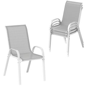 Juego de 4 Sillas de Jardín Exterior Sillas Terraza Exterior Apilables Sillas de Jardín con Tela Transpirable Marco de Acero Reposabrazos y Respaldo 54x71x93 cm Gris y Blanco