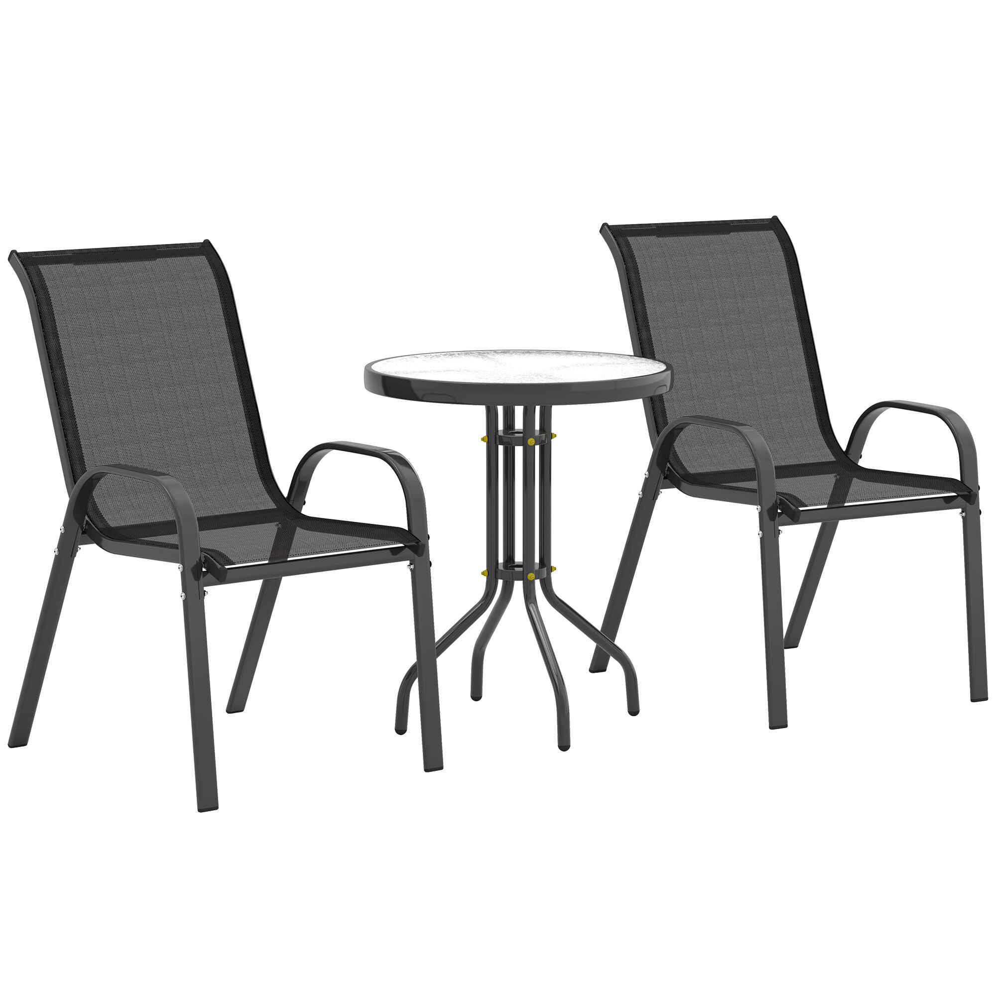Conjunto de Mesa y Sillas de Terraza Exterior de 3 Piezas Muebles de Jardín Exterior con Sillas Apilables Encimera de Vidrio y Estructura de Acero para Patio Negro