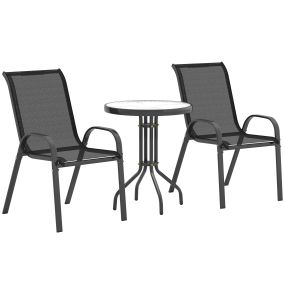 Conjunto de Mesa y Sillas de Terraza Exterior de 3 Piezas Muebles de Jardín Exterior con Sillas Apilables Encimera de Vidrio y Estructura de Acero para Patio Negro