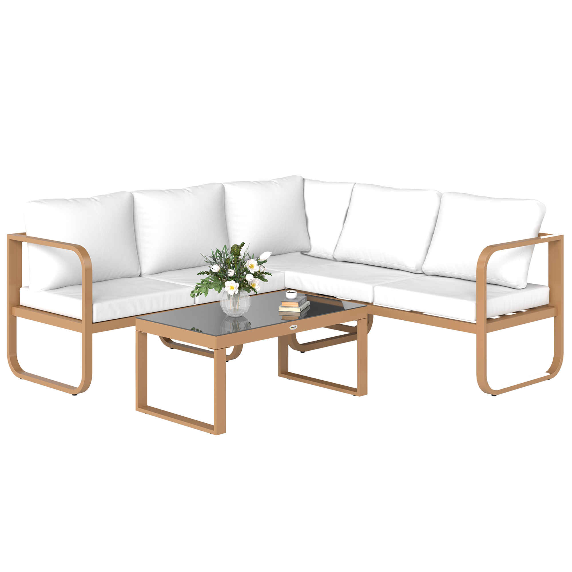 Conjunto de Jardín Exterior de 3 Piezas Muebles Jardín Exterior con Sofá de 3 Plazas con Asiento Ajustable Sofá de 2 Plazas y Mesa de Centro de Vidrio con Cojines Crema