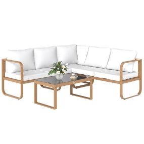 Conjunto de Jardín Exterior de 3 Piezas Muebles Jardín Exterior con Sofá de 3 Plazas con Asiento Ajustable Sofá de 2 Plazas y Mesa de Centro de Vidrio con Cojines Crema