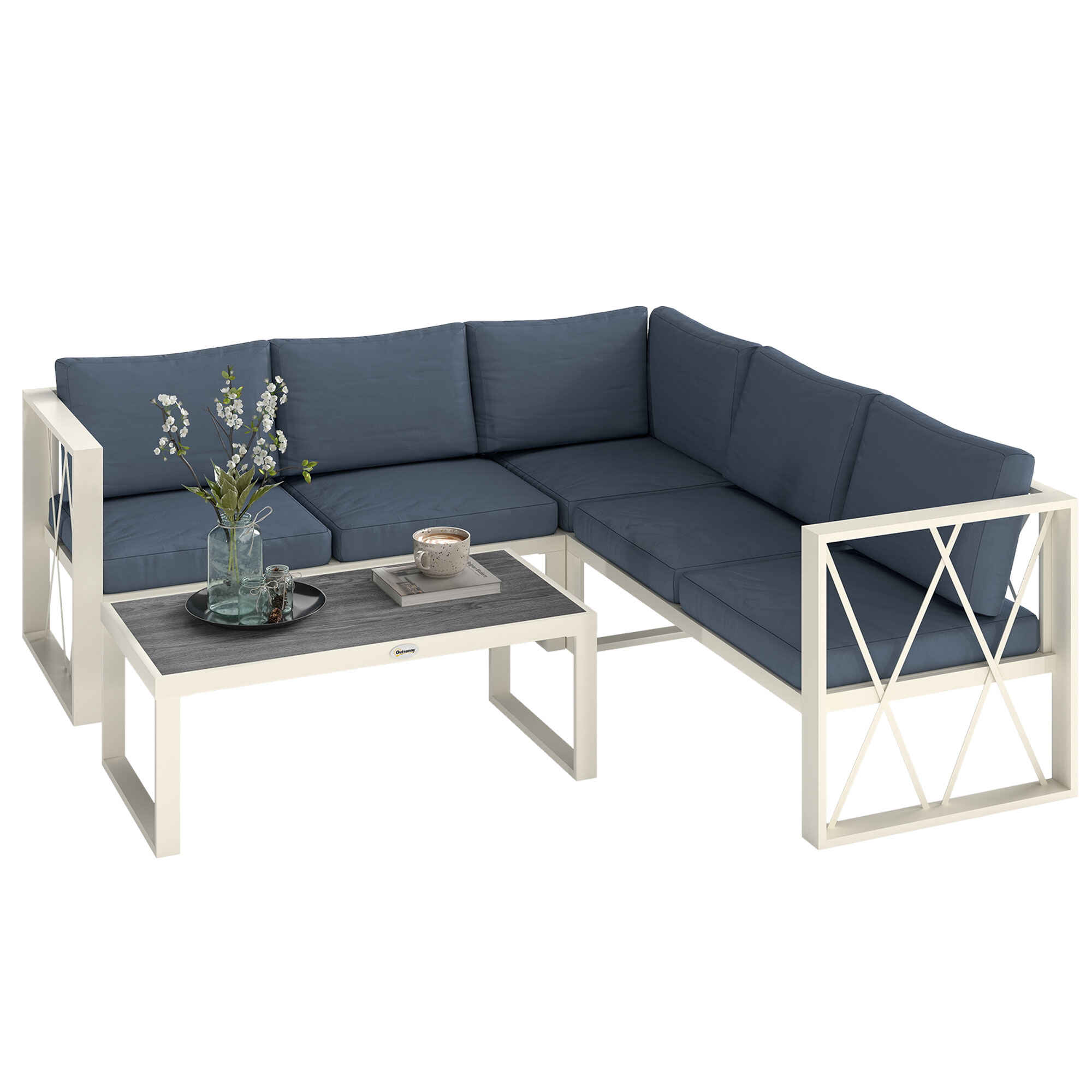Conjunto de Muebles Jardín Exterior de 4 Piezas Sofá Exterior Seccional Forma de L con 2 Sofás de 2 Plazas Sofá de Esquina con Asiento Ajustable y Mesa Centro de DPC con Cojines Beige y Gris