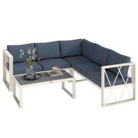 Conjunto de Muebles Jardín Exterior de 4 Piezas Sofá Exterior Seccional Forma de L con 2 Sofás de 2 Plazas Sofá de Esquina con Asiento Ajustable y Mesa Centro de DPC con Cojines Beige y Gris