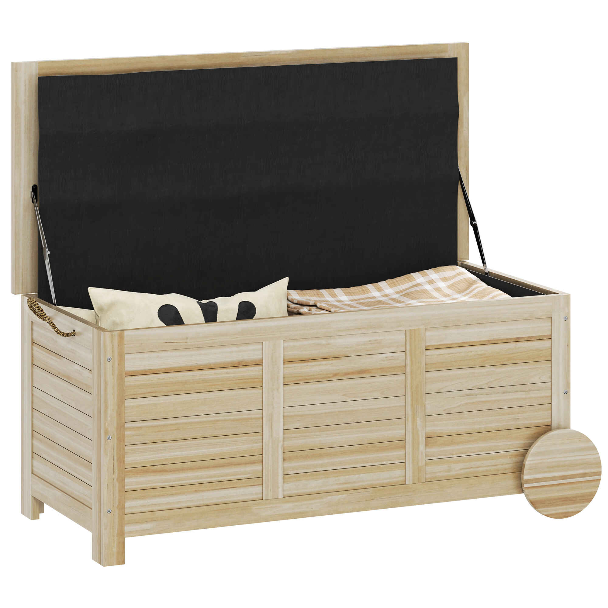 Baúl de Almacenaje Exterior 185L Arcón de Jardín de Madera Impermeable con Tapa Abrible 2 Ruedas Cuerdas de Lino Bisagras Metálicas y Forro Interno 110x50x50 cm Natural