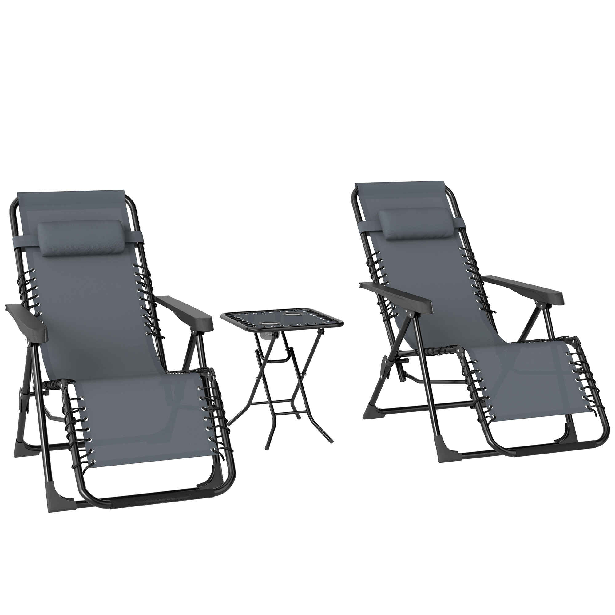 Set de 2 Tumbonas Jardín Exterior Plegables con Mesa Auxiliar Portavasos Tumbonas de Gravedad Cero con Respaldo Ajustable Reposabrazos Extraíble para Patio Piscina Terraza Exterior Gris