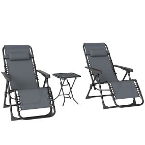 Set de 2 Tumbonas Jardín Exterior Plegables con Mesa Auxiliar Portavasos Tumbonas de Gravedad Cero con Respaldo Ajustable Reposabrazos Extraíble para Patio Piscina Terraza Exterior Gris
