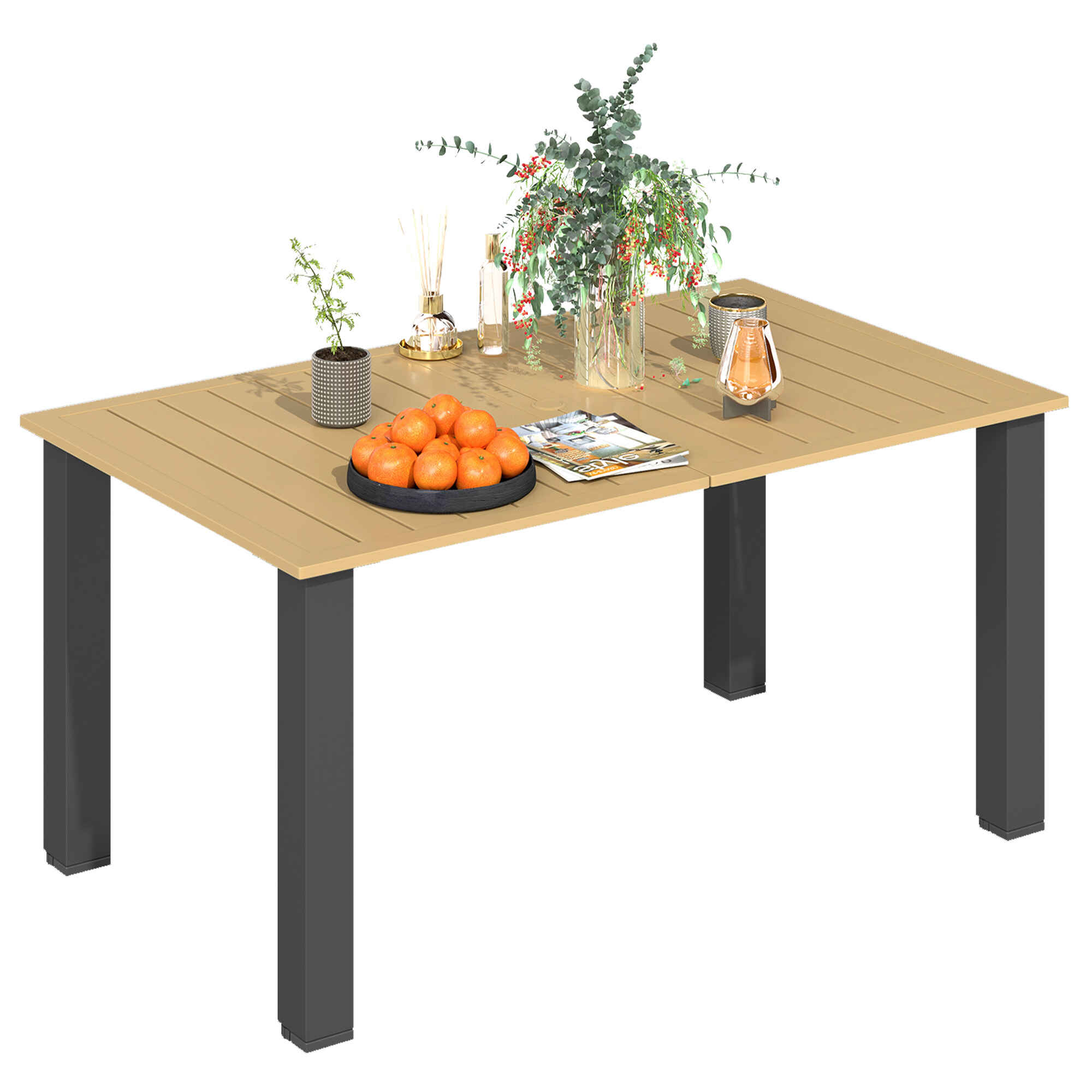 Mesa de Jardín Rectangular Mesa de Terraza Exterior 150x90x73 cm con Patas de Acero Orificio para Sombrilla y Diseño de Listones Carga 70 kg para Terraza Patio Marrón