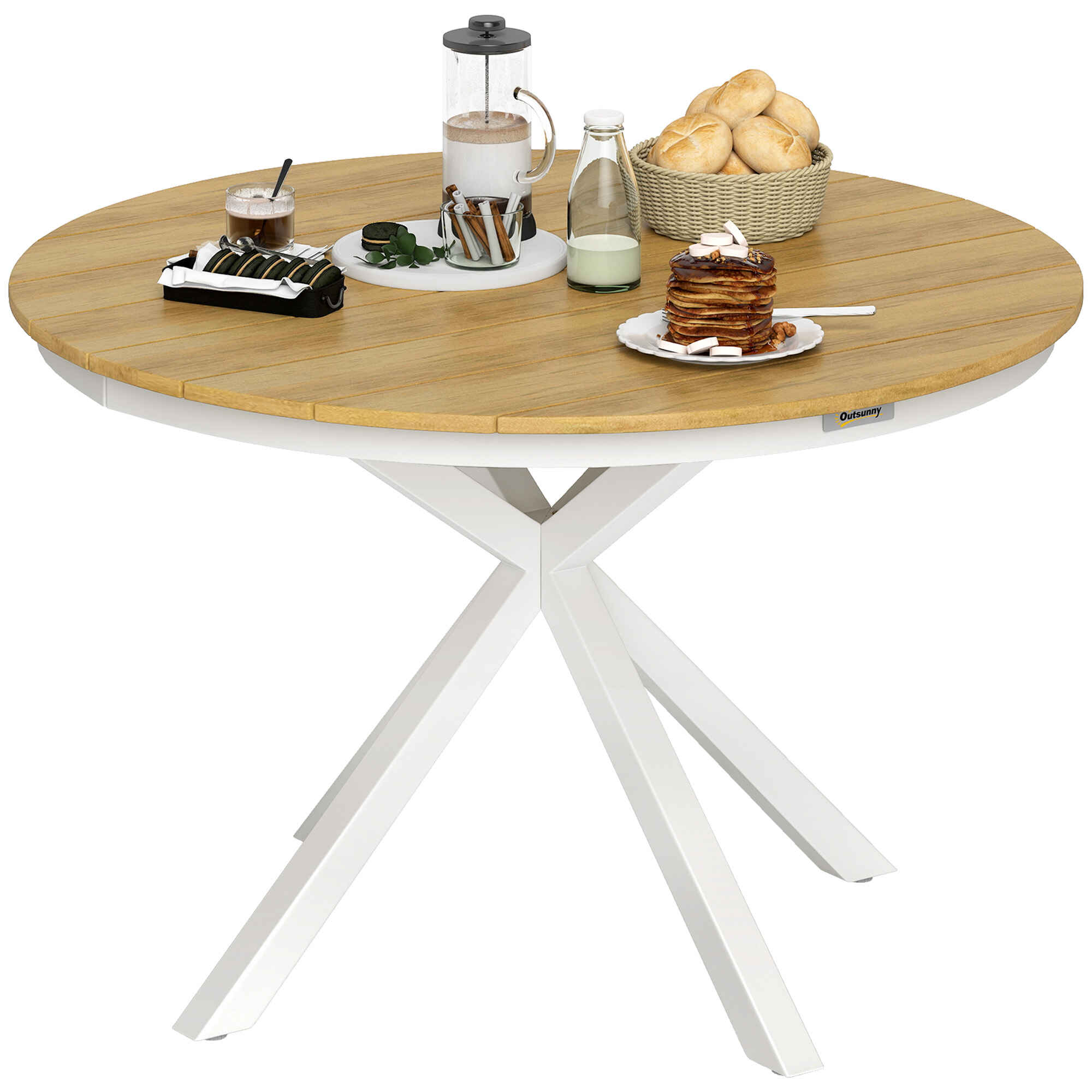 Mesa de Jardín Redonda Mesa de Terraza Exterior Ø118x74 cm con Estructura de Aluminio Patas Cruzadas y Encimera de Listones Carga 70 kg para Patio Balcón Teca