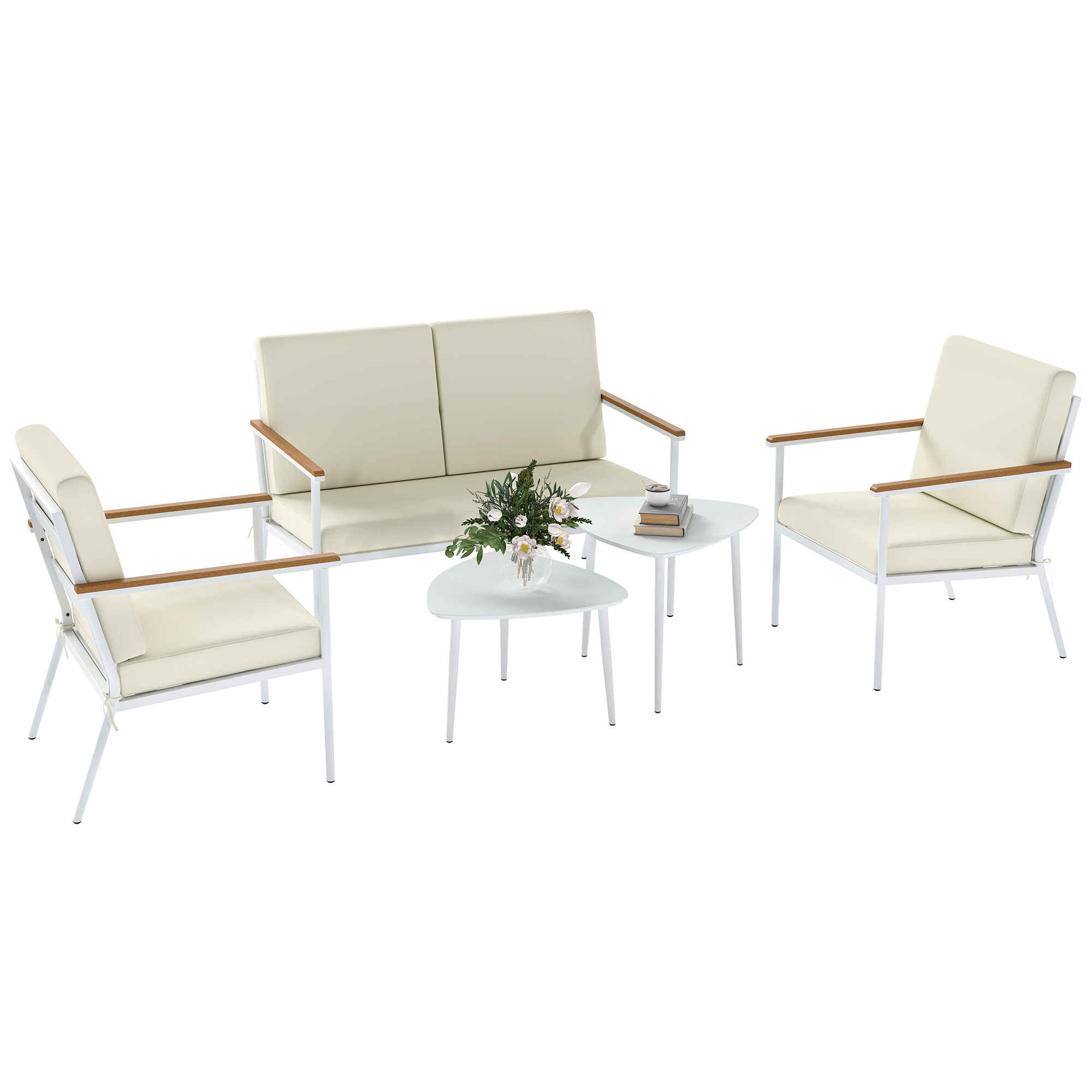 Conjunto de Jardín Exterior 5 Piezas Muebles Jardín Exterior con 1 Sofá de 2 Plazas 2 Sillones y 2 Mesas de Centro con Tablero de Vidrio Templado Cojines Lavables Beige