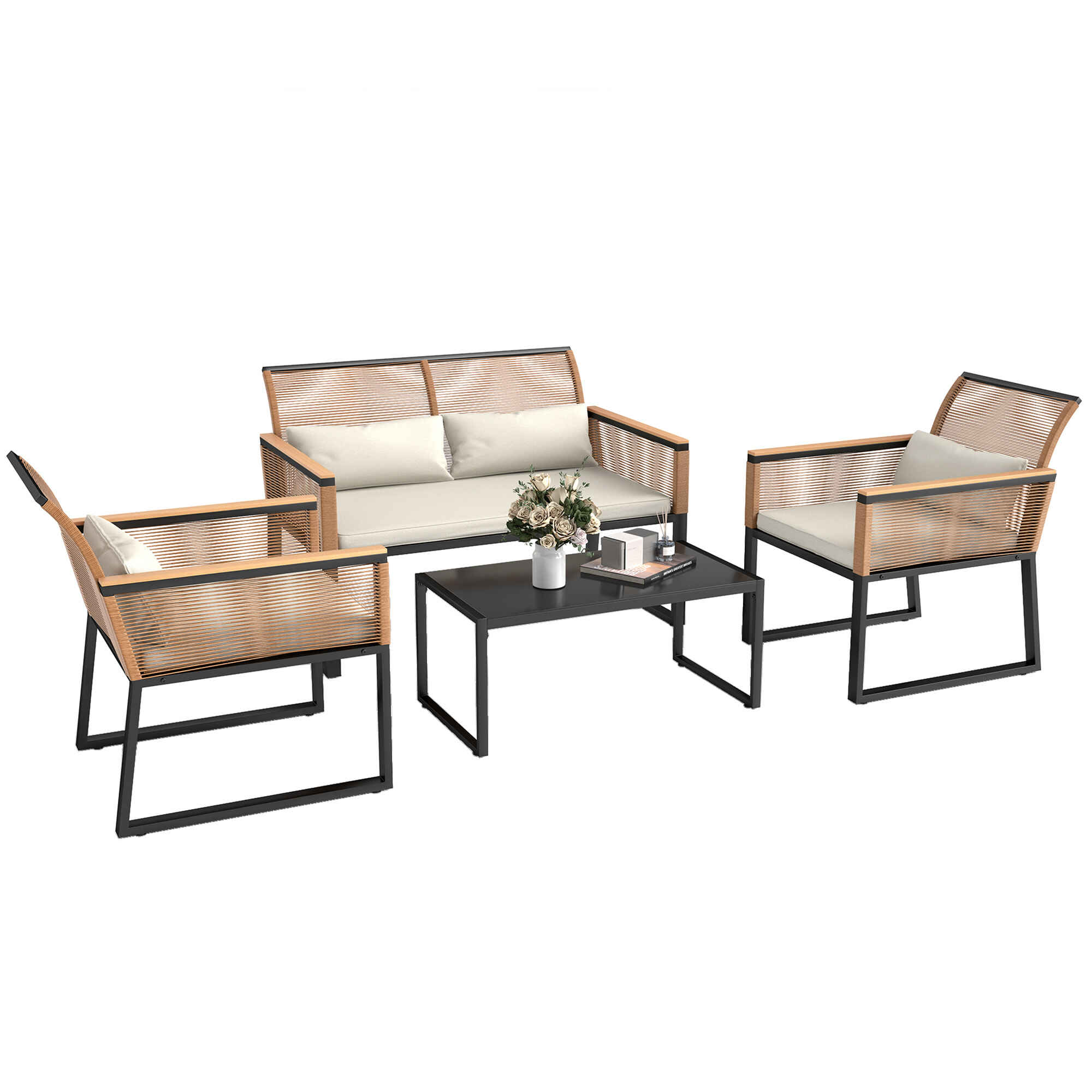Conjunto de Jardín Exterior 4 Piezas de Ratán Sintético Muebles Jardín Exterior con 2 Sillones 1 Sofá de 2 Plazas y Mesa de Centro con Tablero de Vidrio Templado Natural y Crema