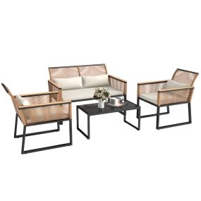 Conjunto de Jardín Exterior 4 Piezas de Ratán Sintético Muebles Jardín Exterior con 2 Sillones 1 Sofá de 2 Plazas y Mesa de Centro con Tablero de Vidrio Templado Natural y Crema
