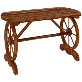 Mesa de Jardín de Madera Mesa de Terraza Exterior 120x63x70 cm con Patas en Forma de Rueda Orificio para Sombrilla y Diseño de Listones Carga 50 kg para Patio Madera Carbonizada