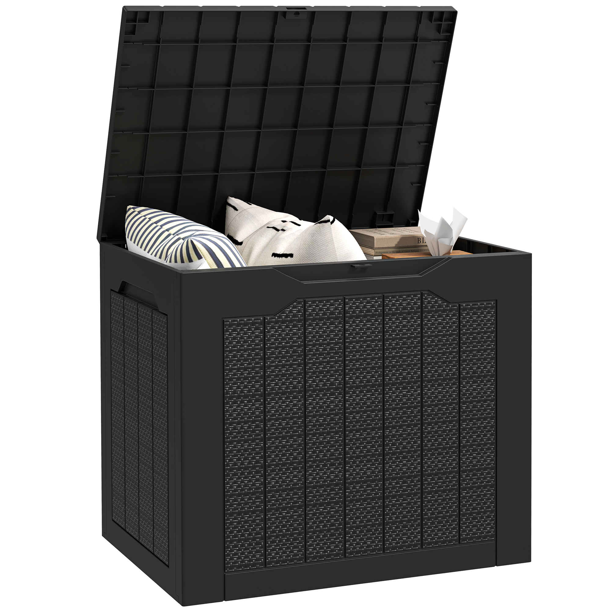 Baúl de Almacenaje Exterior 93L Arcón de Jardín Exterior Pequeño de Plástico Impermeable con 2 Asas Integradas y Soporte para Candado 56x41x50 cm Negro