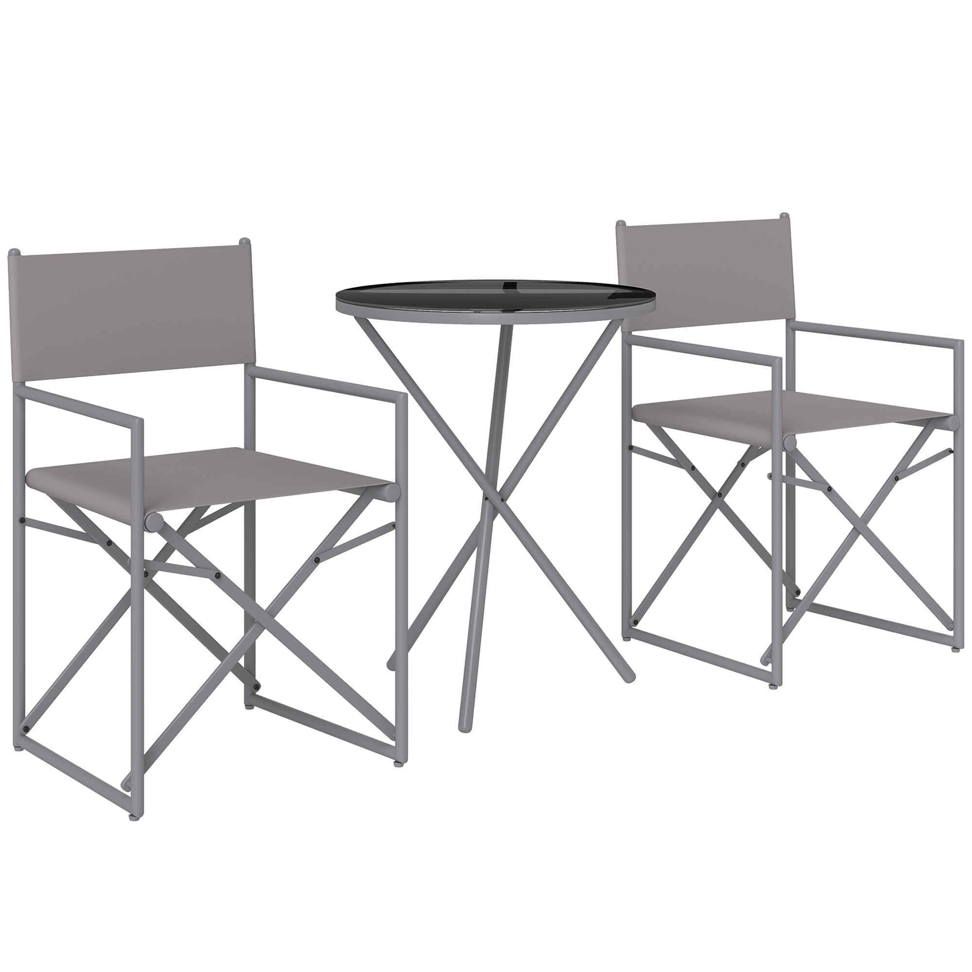 Conjunto de Muebles de Jardín de 3 Piezas Juego de Muebles de Balcón con 2 Sillas Plegables Mesa con Encimera de Vidrio Templado y Estructura de Acero para Terraza Patio Exterior Gris Oscuro