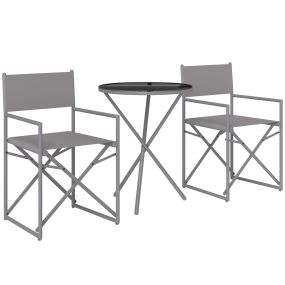 Conjunto de Muebles de Jardín de 3 Piezas Juego de Muebles de Balcón con 2 Sillas Plegables Mesa con Encimera de Vidrio Templado y Estructura de Acero para Terraza Patio Exterior Gris Oscuro