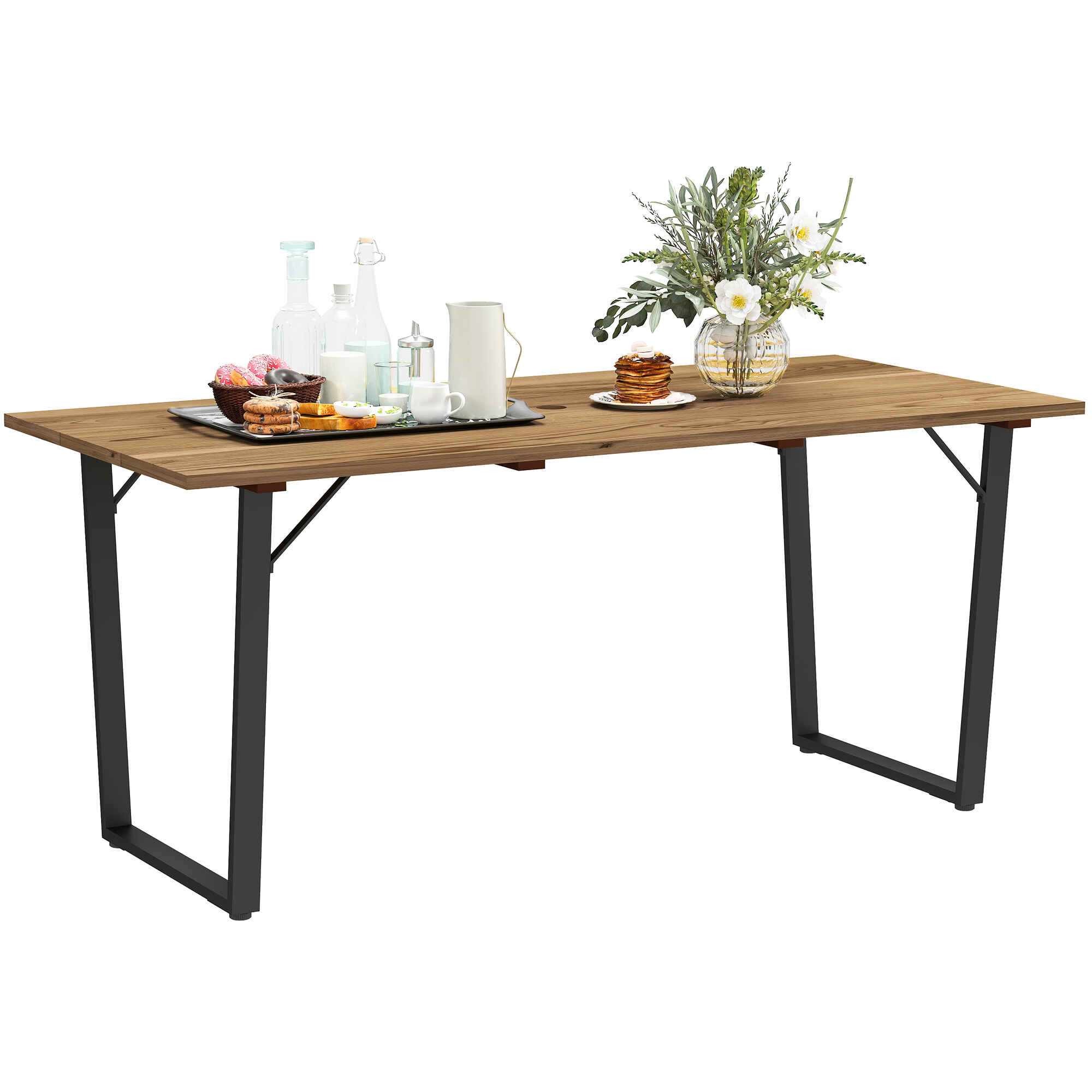 Mesa Comedor de Jardín de Madera Rectangular Mesa de Terraza Exterior 175x80x75 cm con Orificio para Sombrilla Estructura de Acero y Encimera de Listones para Patio Balcón Natural