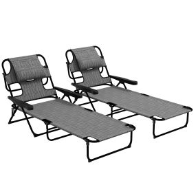 Conjunto de 2 Tumbonas Plegables Tumbonas de Jardín con Respaldo Ajustable en 4 Niveles Orificio de Lectura y Reposacabezas para Terraza Piscina 194x72x31 cm Gris