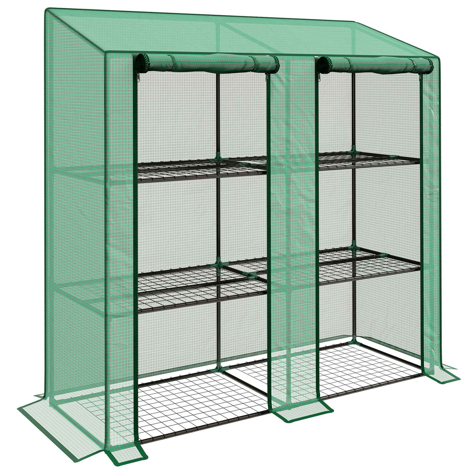 Invernadero de Jardín de 3 Niveles Invernadero de Terraza con Estantes Techo Inclinado y 2 Puertas con Cremallera para Cultivo de Plantas en Patio 143x46x141/151 cm Verde