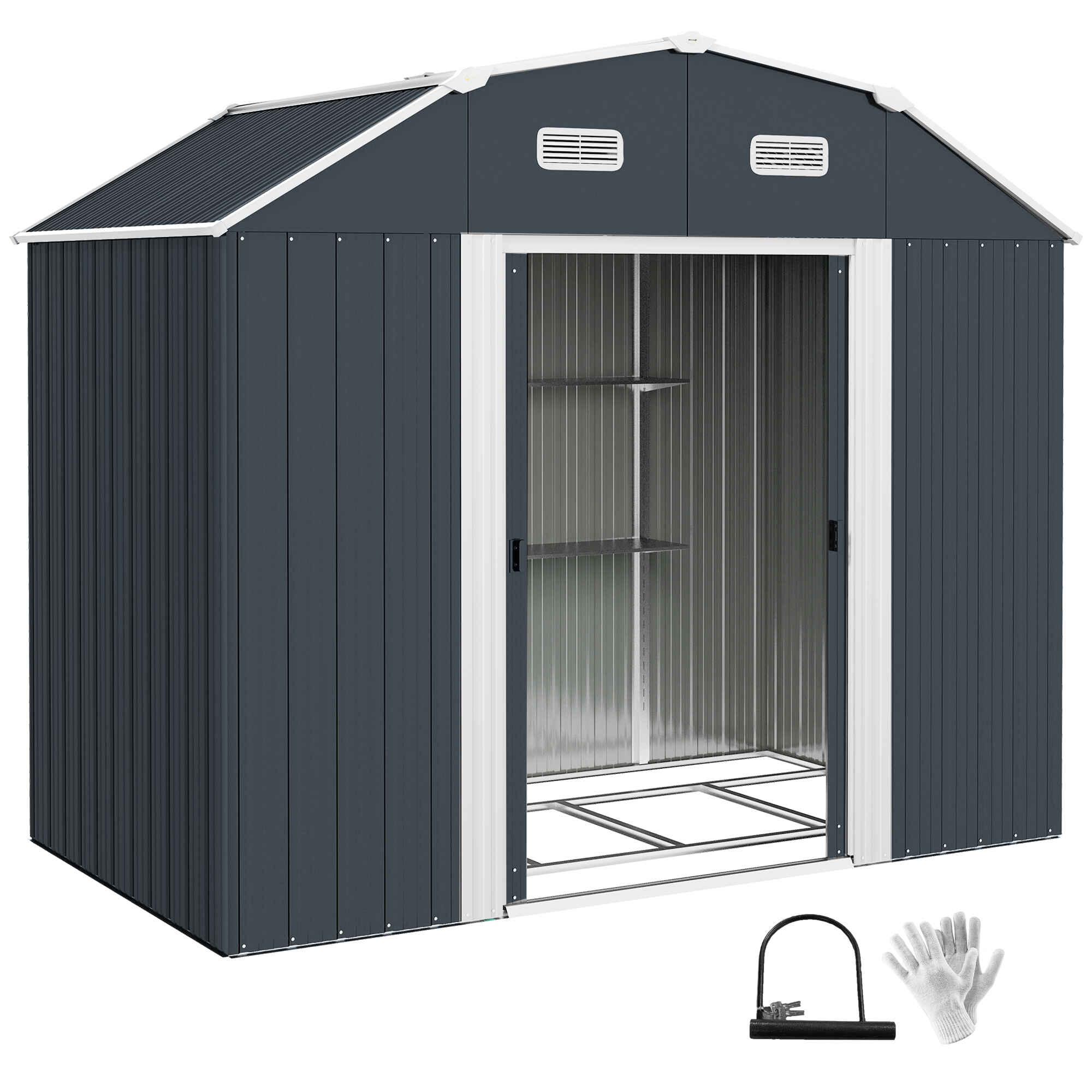 Cobertizo de Jardín Exterior 2,7 m² 238x132x198,5 cm Caseta de Exterior Metálica con Base Estantes Ajustables 2 Puertas Corredizas y 2 Ventanas Gris Oscuro