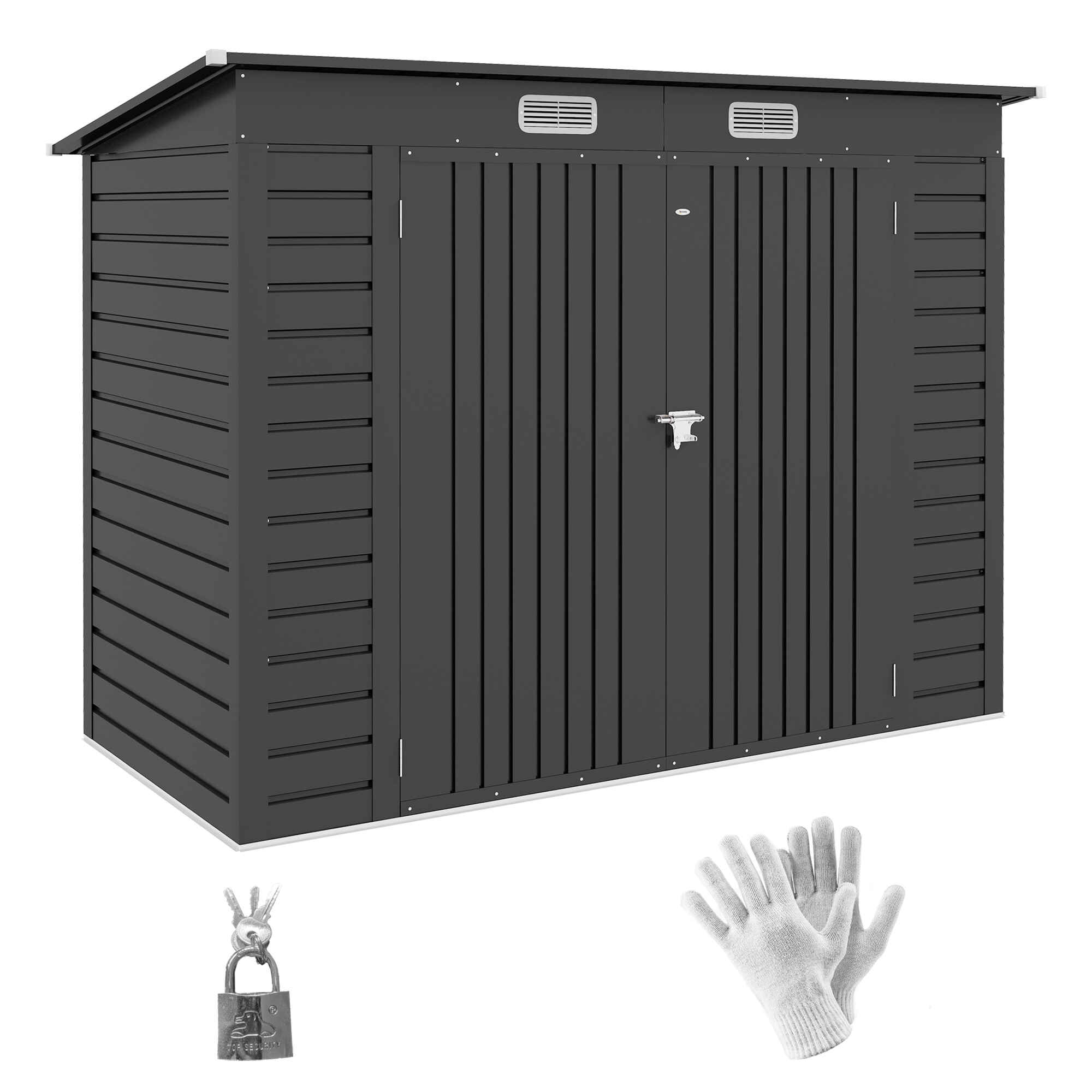 Caseta de Jardín Exterior 2,7m² 249x121x183 cm Cobertizo de Jardín Exterior con Doble Puerta 2 Ventilaciones y Pestillo Cobertizo para Terraza Patio Gris