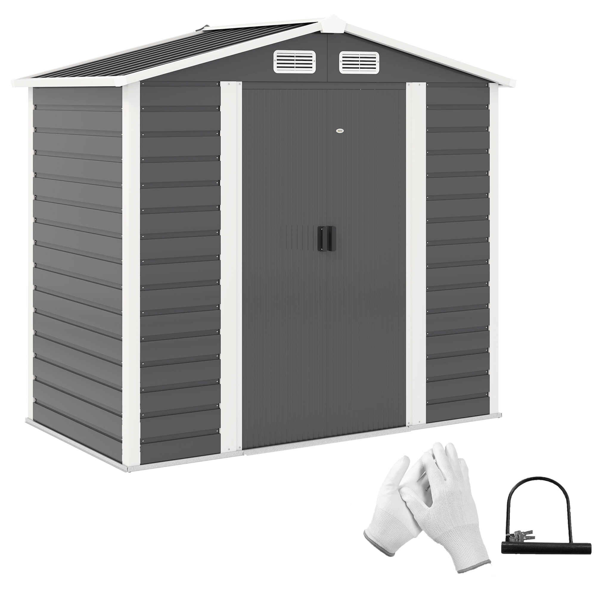 Caseta de Jardín Exterior 2,36m² 213x120x194 cm Cobertizo de Jardín Exterior con Base Refuerzo (Suelo NO Incluido) Puertas Correderas Dobles Candado Ventanas Gris Oscuro