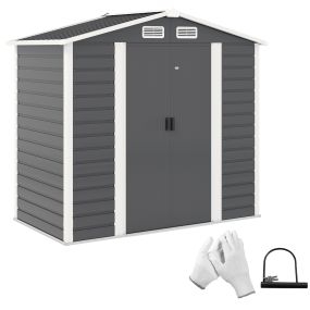 Caseta de Jardín Exterior 2,36m² 213x120x194 cm Cobertizo de Jardín Exterior con Base Refuerzo (Suelo NO Incluido) Puertas Correderas Dobles Candado Ventanas Gris Oscuro