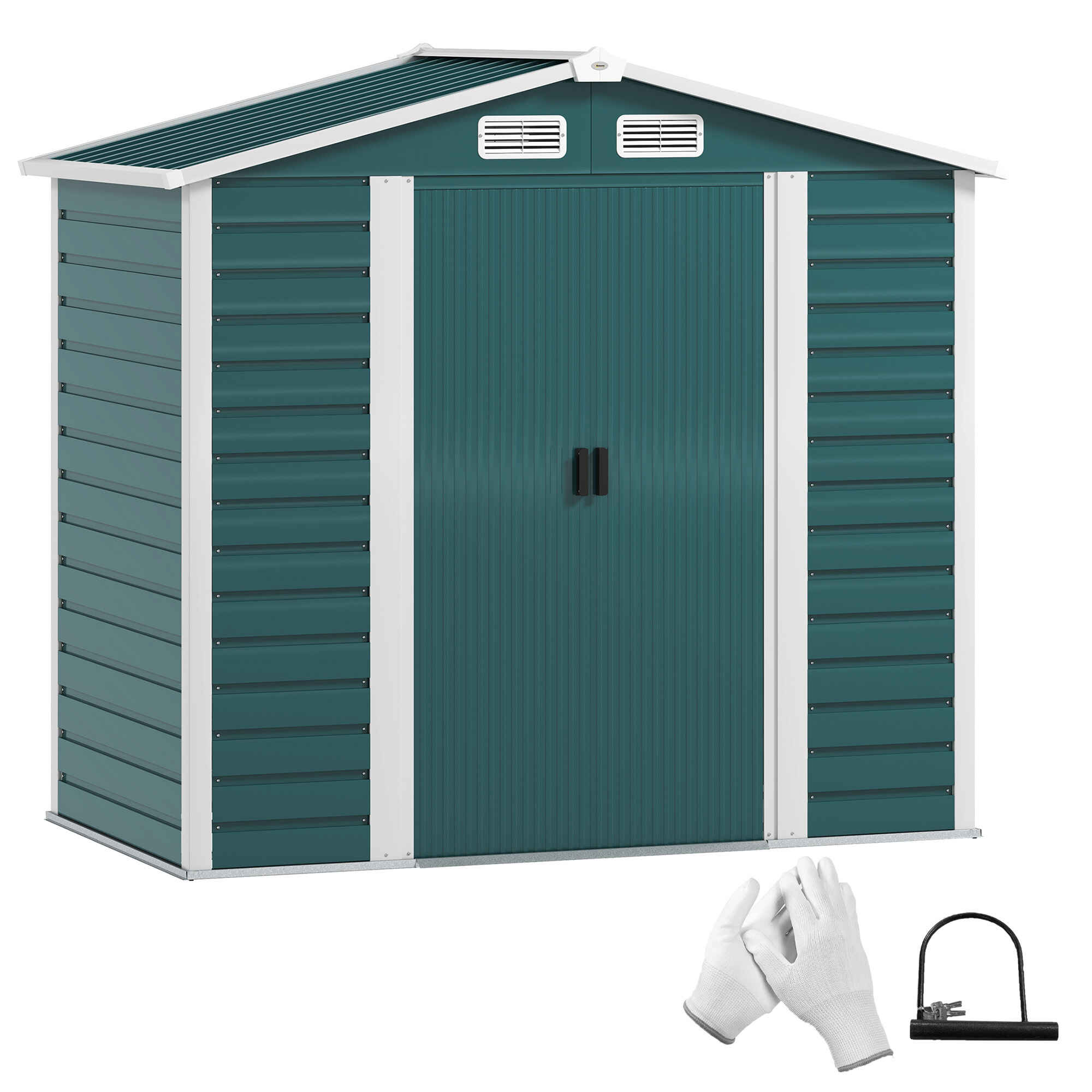 Caseta de Jardín Exterior 2,36m² 213x120x194 cm Cobertizo de Jardín Exterior con Base Refuerzo (Suelo NO Incluido) Puertas Correderas Dobles Candado Ventanas Verde Oscuro