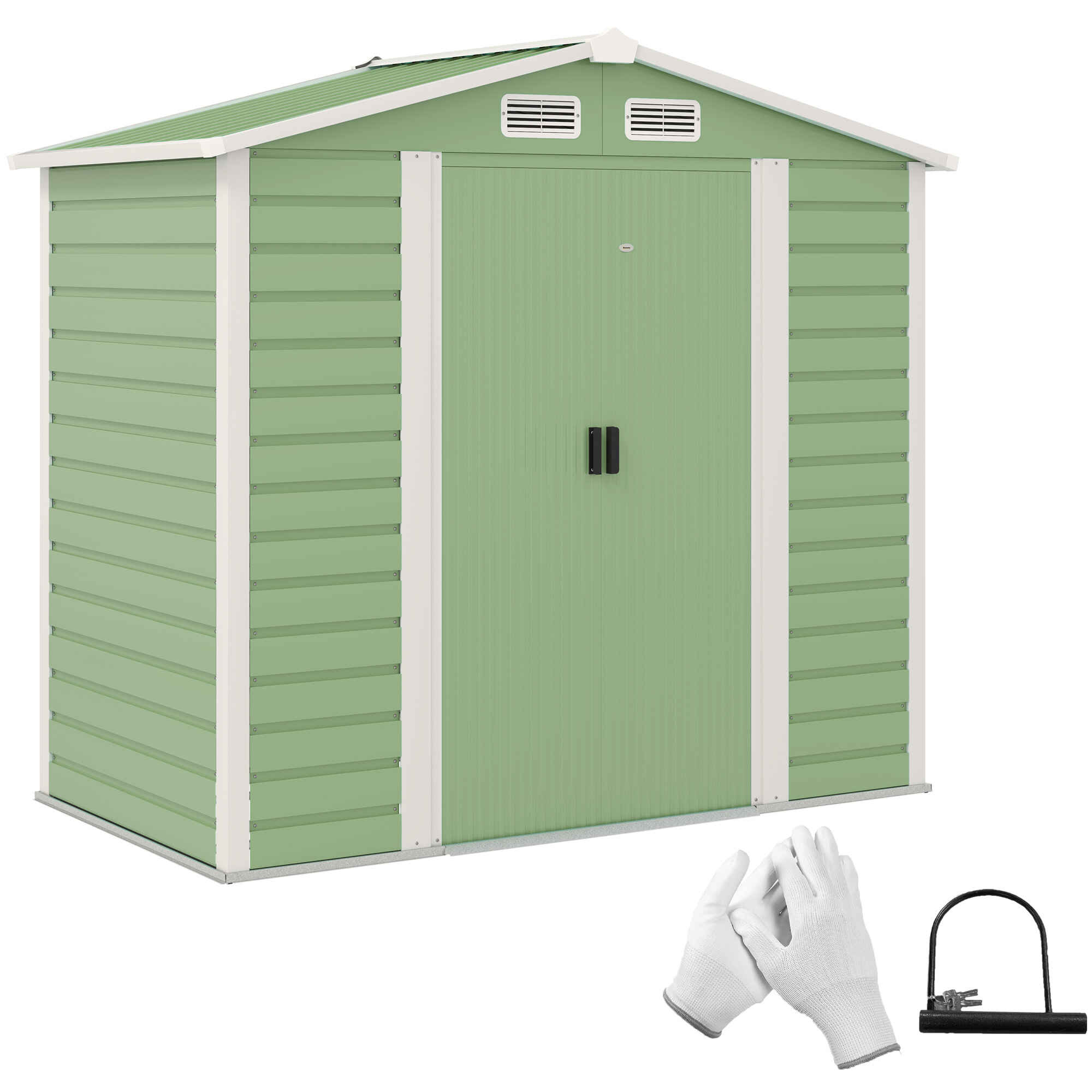 Caseta de Jardín Exterior 2,36m² 213x120x194 cm Cobertizo de Jardín Exterior con Base Refuerzo (Suelo NO Incluido) Puertas Correderas Dobles Candado Ventanas Verde Claro