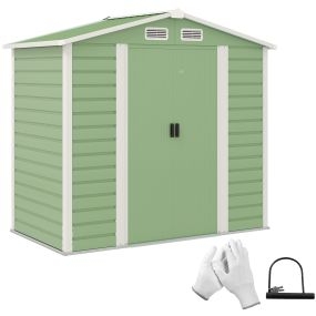 Caseta de Jardín Exterior 2,36m² 213x120x194 cm Cobertizo de Jardín Exterior con Base Refuerzo (Suelo NO Incluido) Puertas Correderas Dobles Candado Ventanas Verde Claro