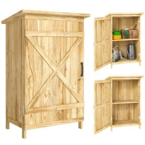 Caseta de Jardín de Madera 63,5x40x90 cm Cobertizo Jardín Exterior Armario para Almacenaje de Herramientas con 2 Estantes Puerta Estilo Granero y Techo de Acero Galvanizado Natural
