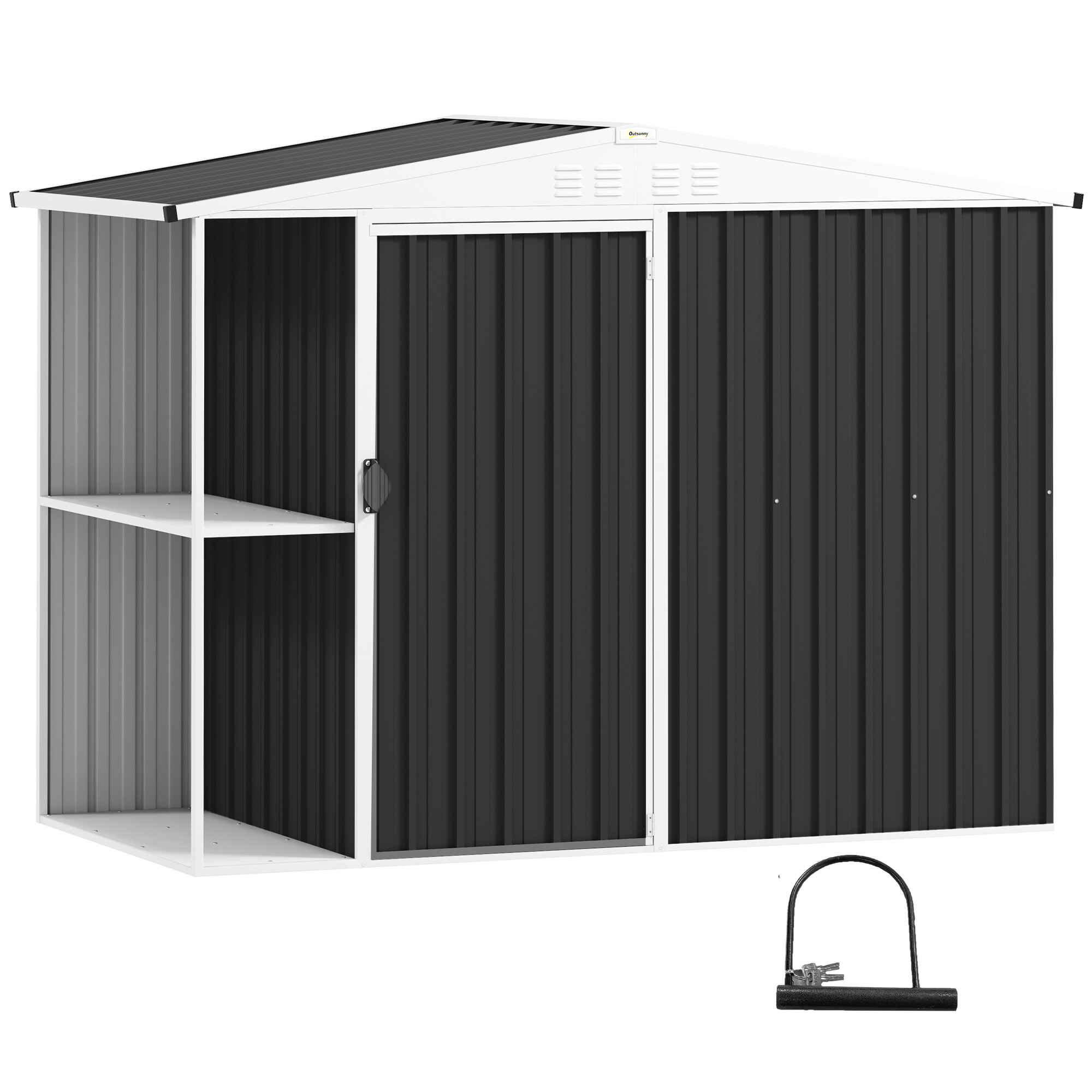 Caseta de Jardín Exterior 2,7m² 245x117x180 cm Cobertizo de Jardín Exterior con Estante de 2 Niveles 4 Ventilaciones y Puerta con Cerradura Cobertizo para Terraza Patio Gris Carbón