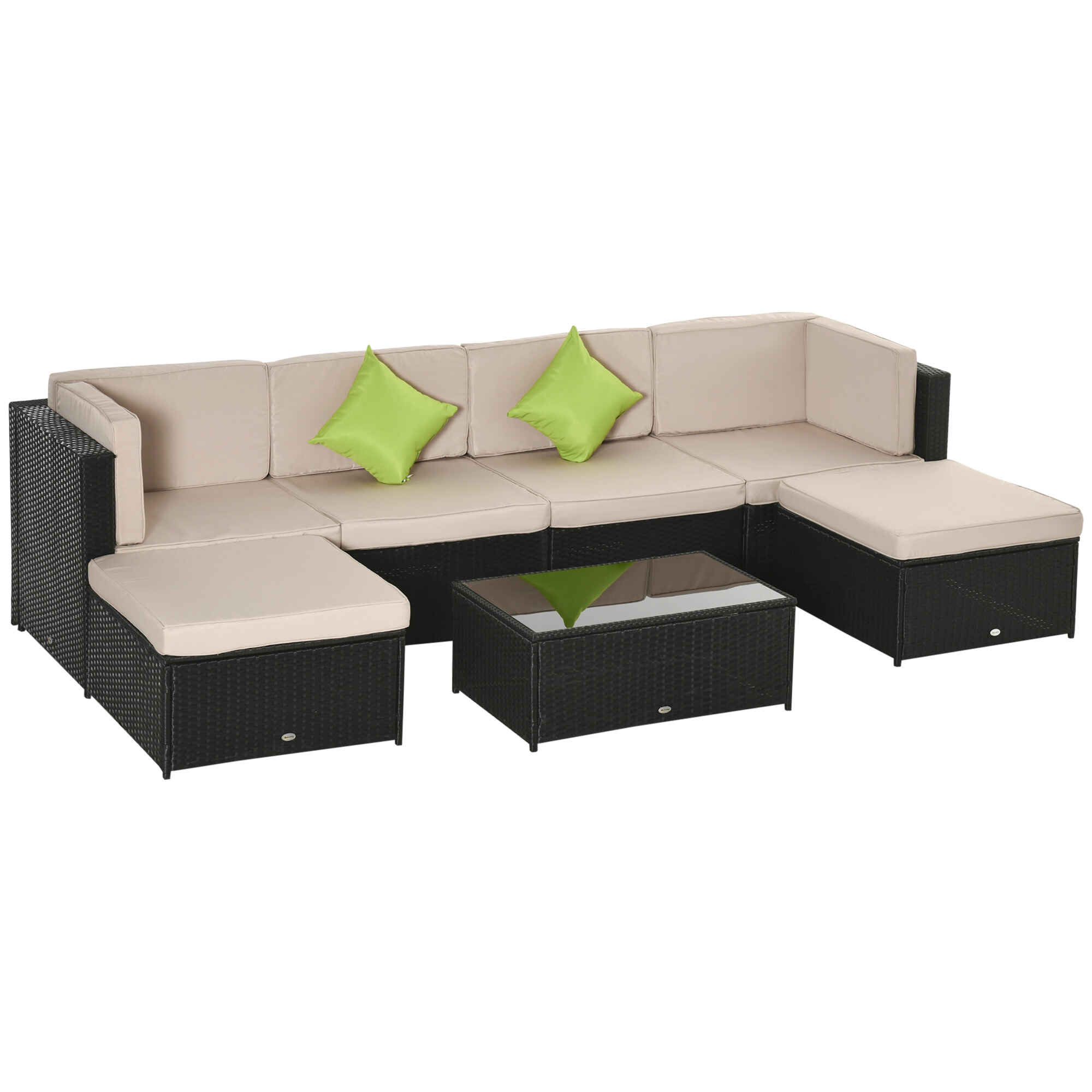 Conjunto Muebles de Jardín de Ratán 7 Piezas Mesa Sofás Taburetes con Cojines Lavables 2xSofá de Esquina 2xSofá 2xTaburete 1xMesa de Centro para Exterior Multicolor