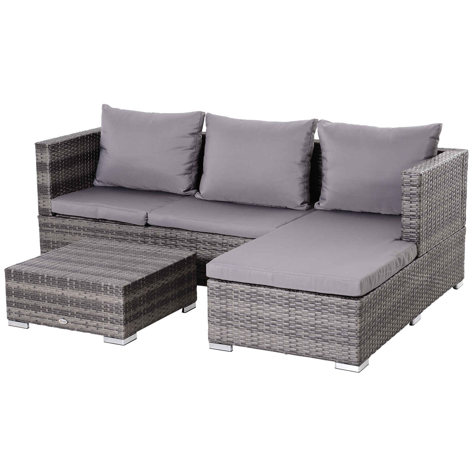 Conjunto de Sofás de Ratán 3 Piezas con Chaiselongue y Mesa de Centro Almacenaje Respaldo Ajustable en Altura Alta Comodidad Color Gris