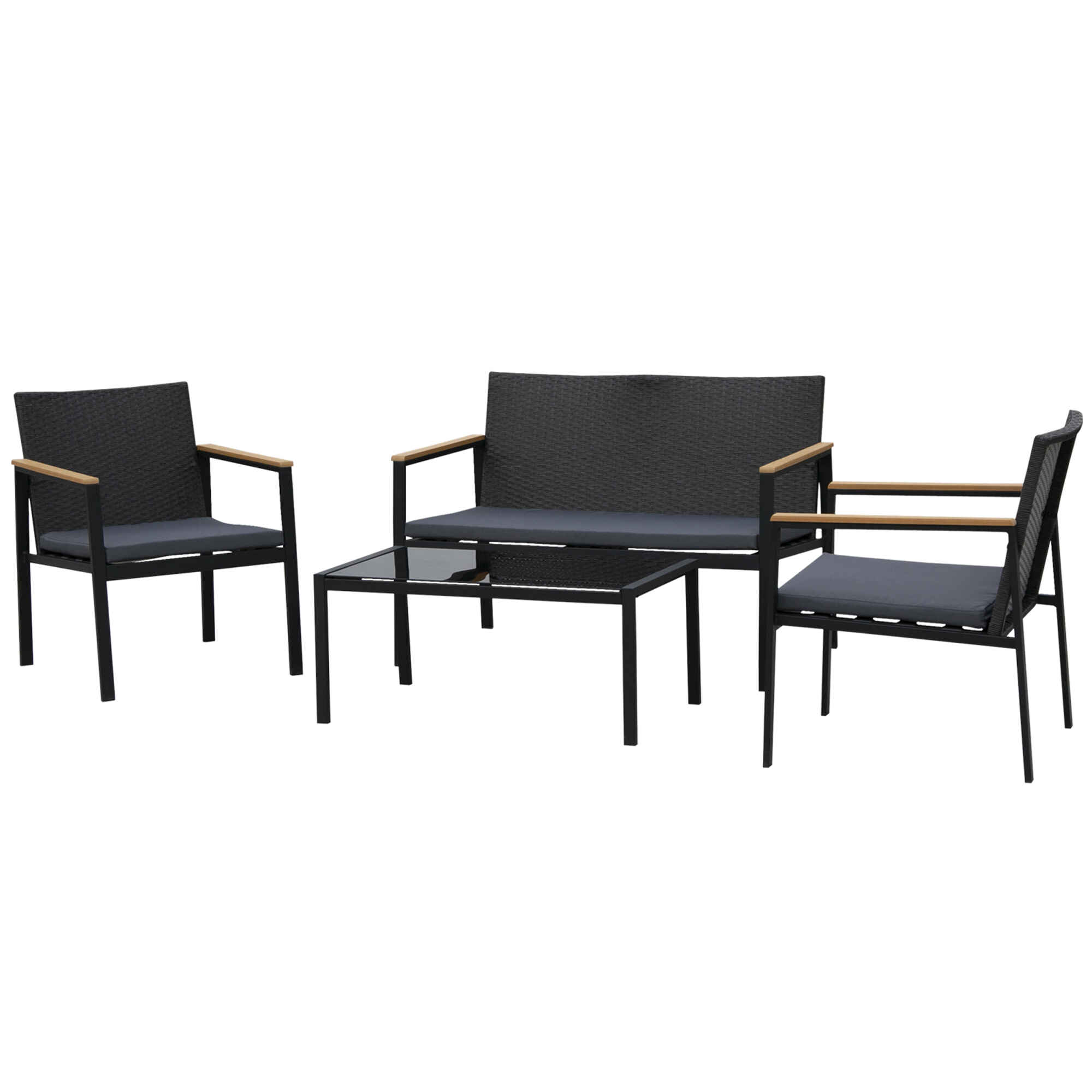 Conjunto Muebles de Ratán PE de 4 Piezas con Cojines 2 Sillones 1 Sofá Doble y Mesa de Centro para Jardín Terraza Patio Negro y Gris